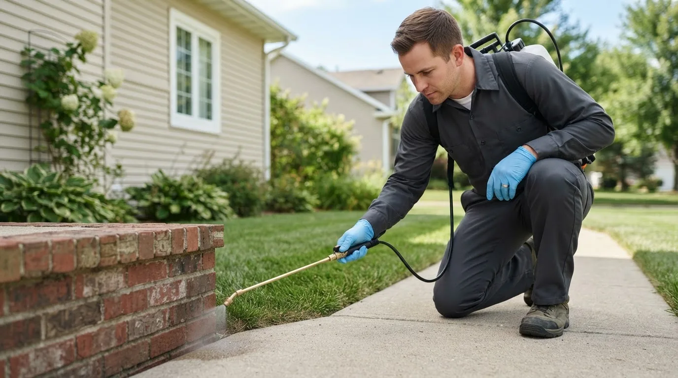 Pest control technician treating a home near Henrietta, NY
